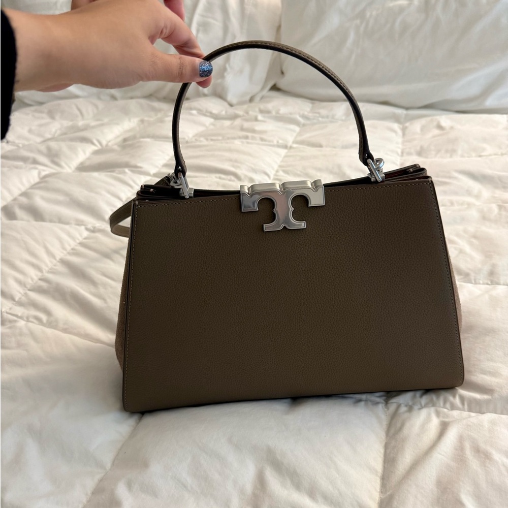 Tory Burch Eleanor Pebbled Satchel Wild Mushroom Leather Suede Bag